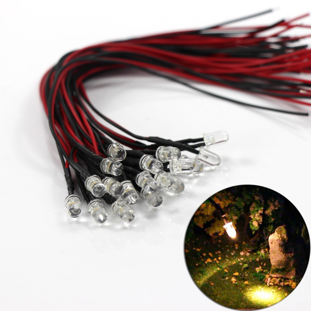 L125WM 20pcs Pre-wired Resistor 26awg 20cm Wire Warm White 5mm LED Light 12V