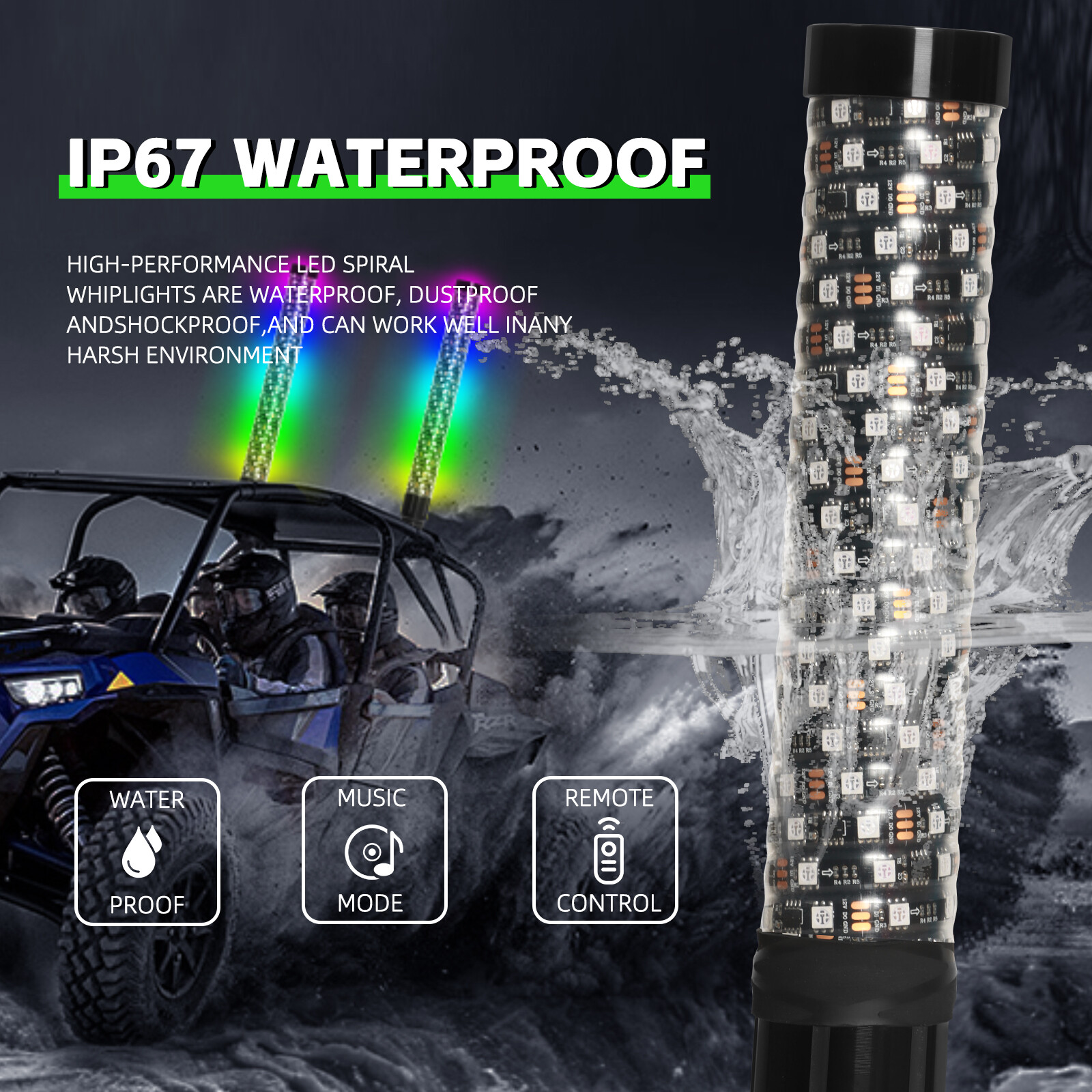 2X 2FT Spiral LED Fat Whip Lights Antenna RGB Chasing For Can-am X3 RZR UTV ATV