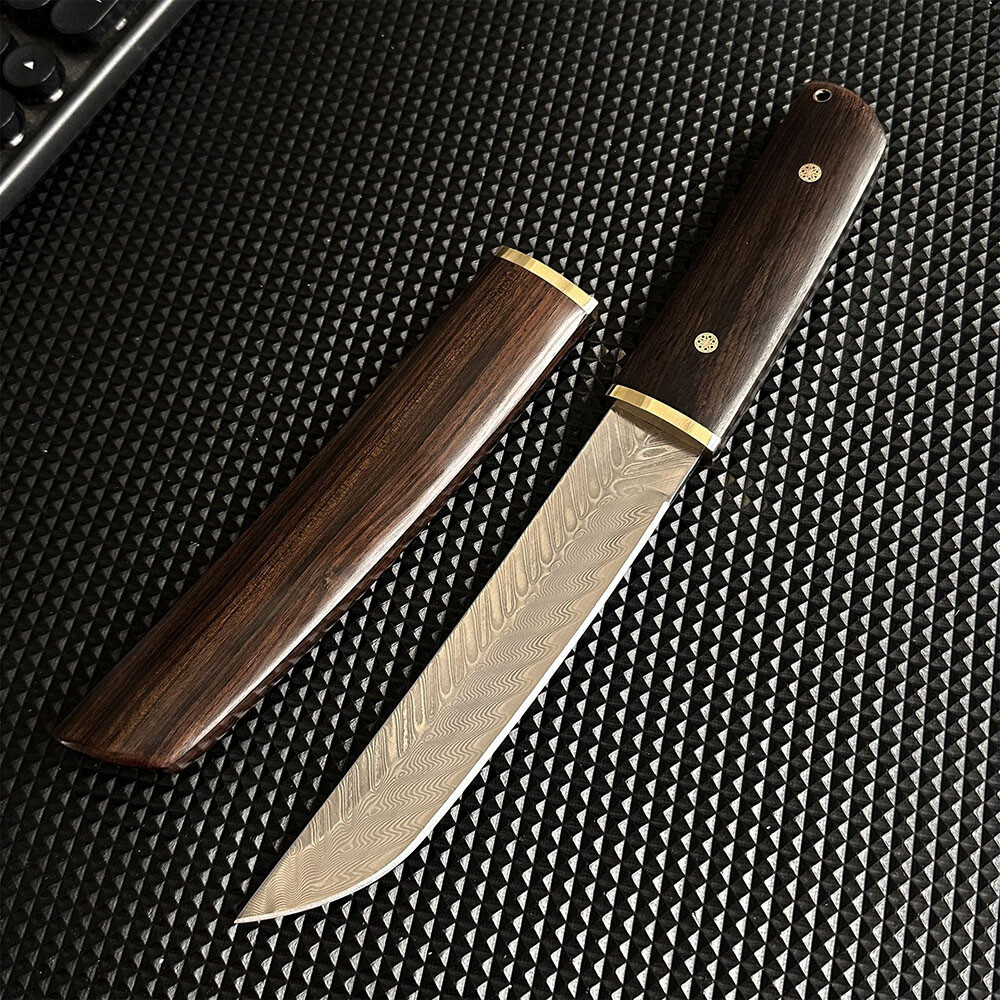 VG10 Damascus Knife Ebony Wood Handle Sheath Full Tang Outdoor Camping EDC Tool