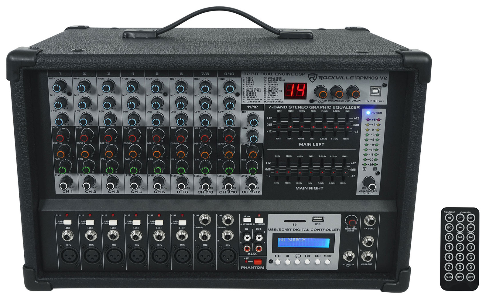 Rockville RPM109 V2 12 Channel 4800w Powered Mixer, 7 Band EQ, Effects, USB, 48V