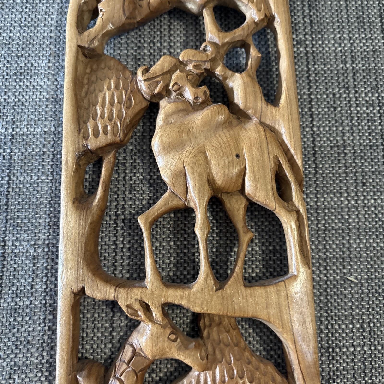 Vintage African Wood Carved Animal Wall Art Panel 18.25” Tall 4.25" Wide