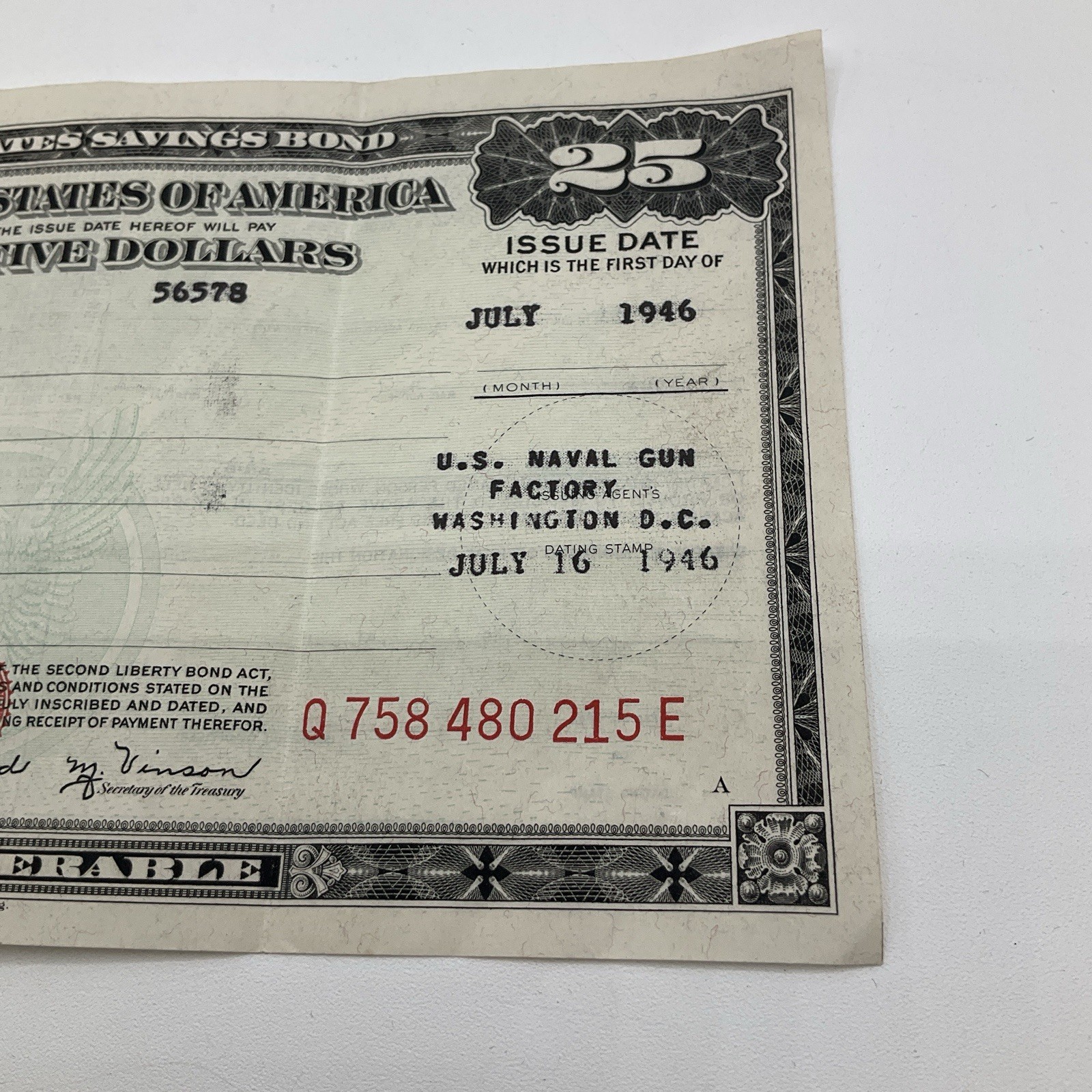 July 16th, 1946 Series E $25 United States Savings Bond US Naval Gun Factory DC