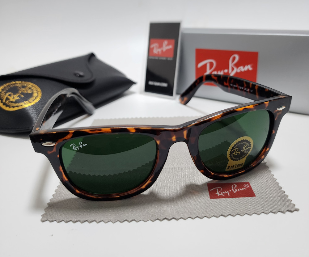 Ray-Ban RB2140 Wayfarer Classic Sunglasses Tortoise Brown Frame Glass Green Lens