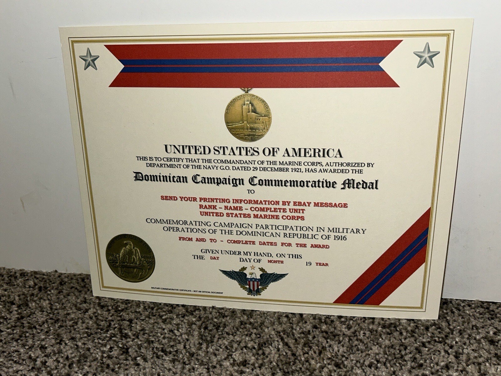 DOMINICAN CAMPAIGN (USMC) COMMEMORATIVE MEDAL CERTIFICATE ~ W/PRINTING TYPE-1