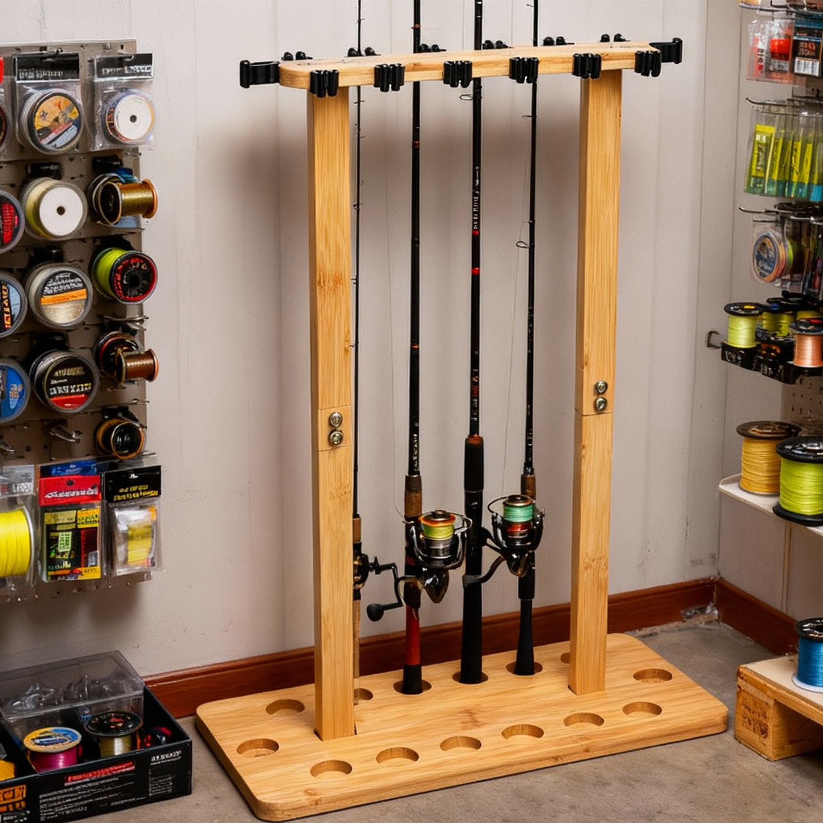 Fishing Rod Storage Racks, 100% Wood Floor Stand Fishing Pole Holders of 14 Rods