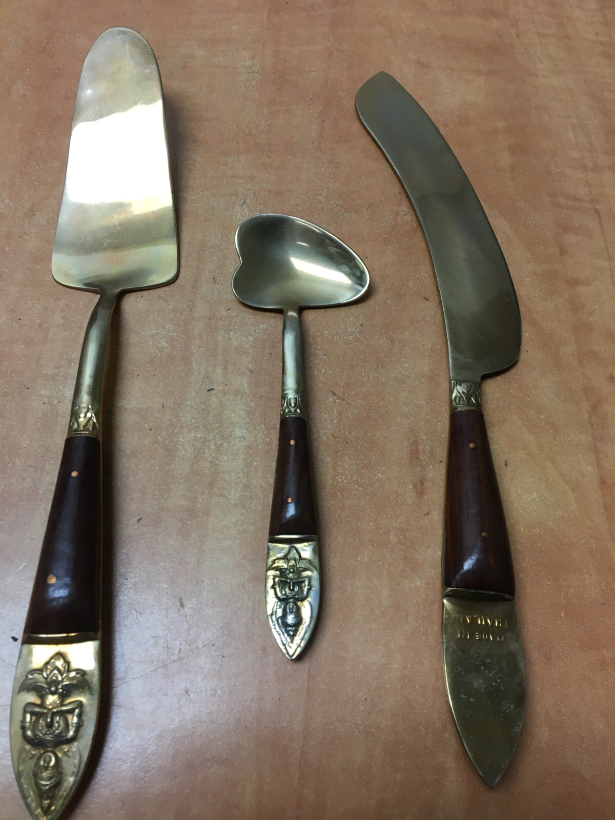 Bronzeware Flatware Set Wood Case From Bangkok Thailand - 19 pieces