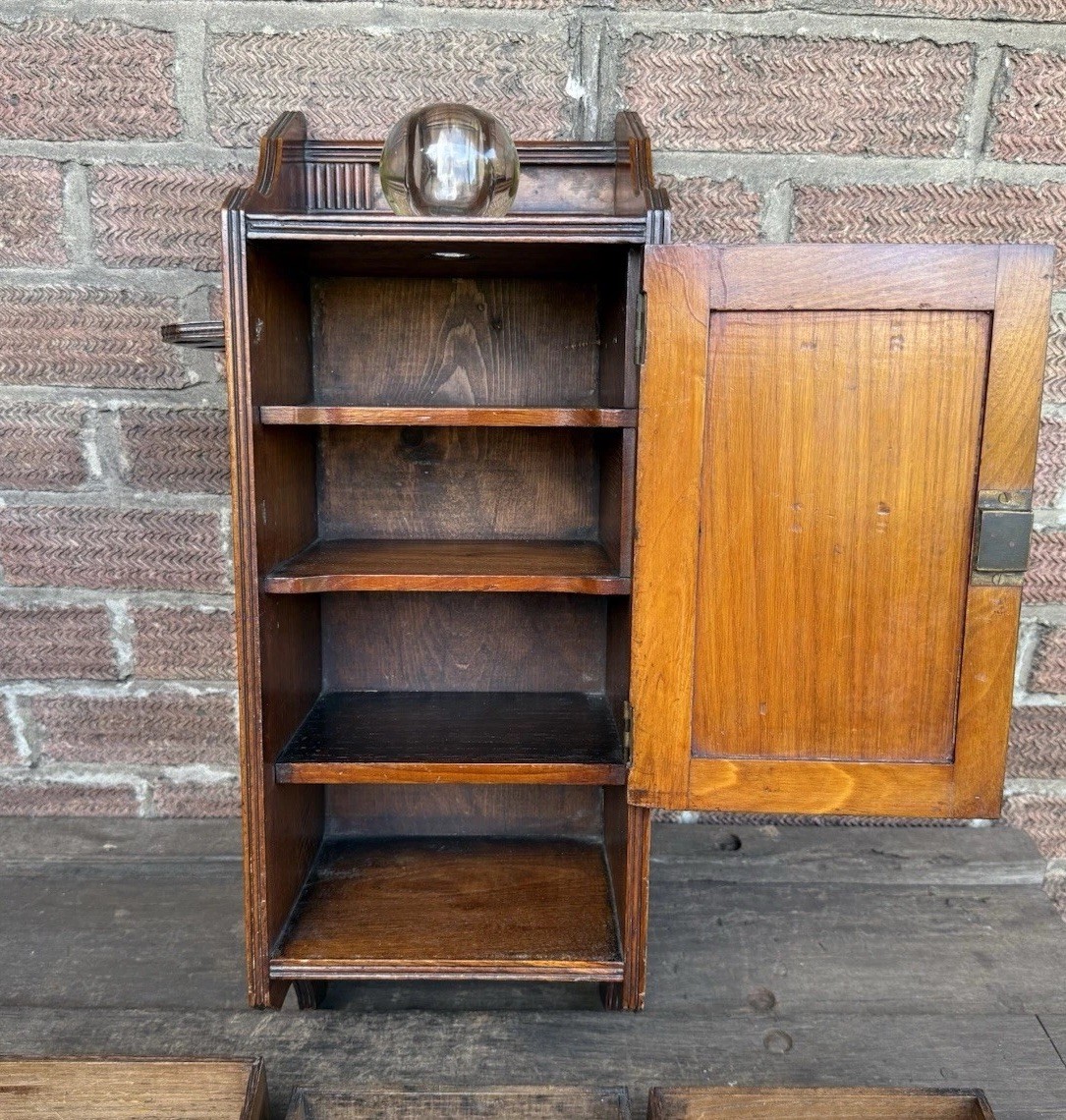 Antique Edwardian Oak Wall Hanging Smokers Cabinet & Original Glass Match Holder