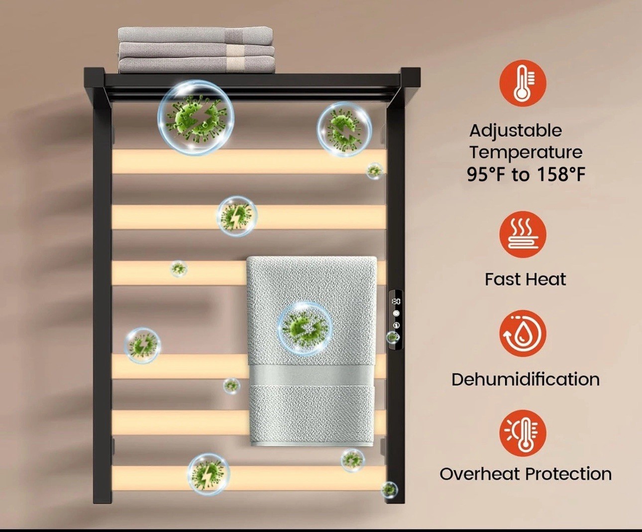 Black Heated Towel Rack Wall Mount Towel Warmer Bathroom Electric Towel Rack set