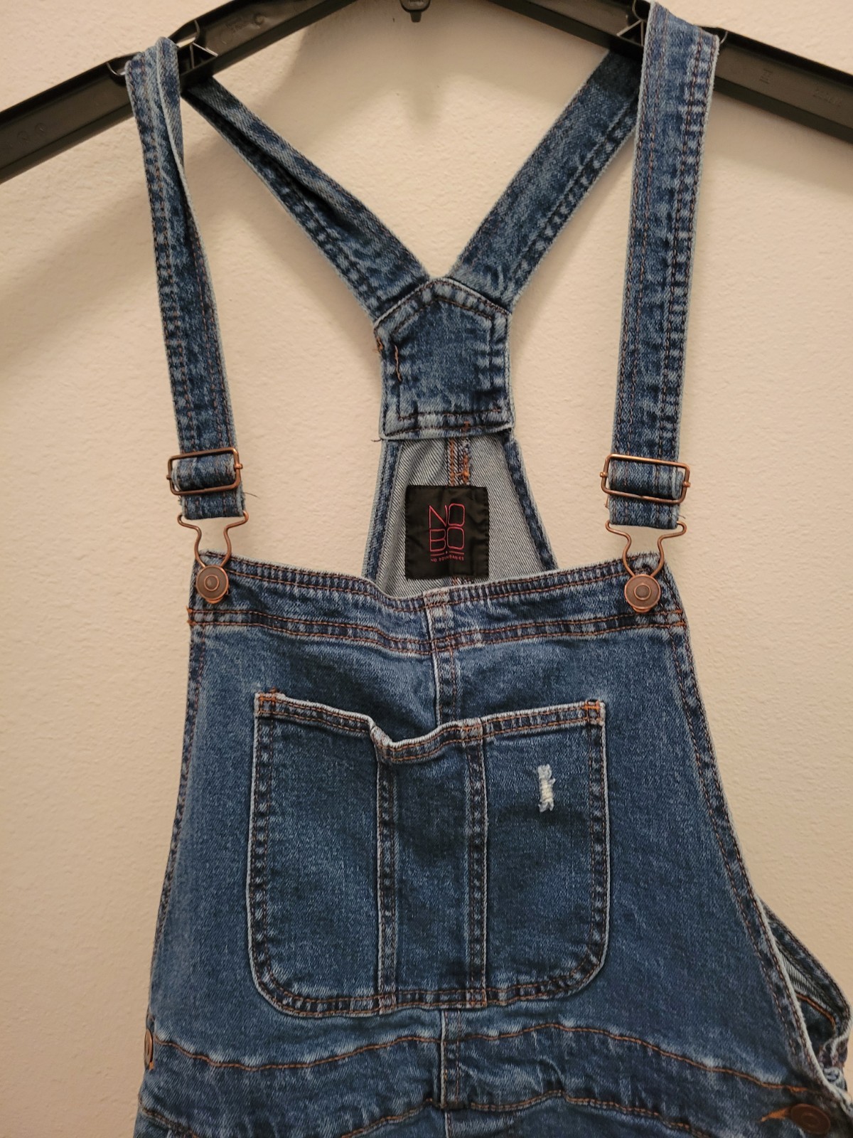 No Boundaries Juniors Sz 15/17 Bib Overall Shorts Blue Denim Pockets Raw Hem