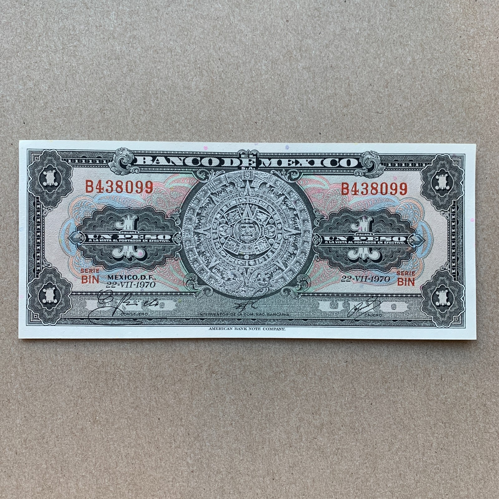 MEXICO 1 Peso BANKNOTE 1970 AZTEC CALENDAR Mexican Currency Paper Money UV ART