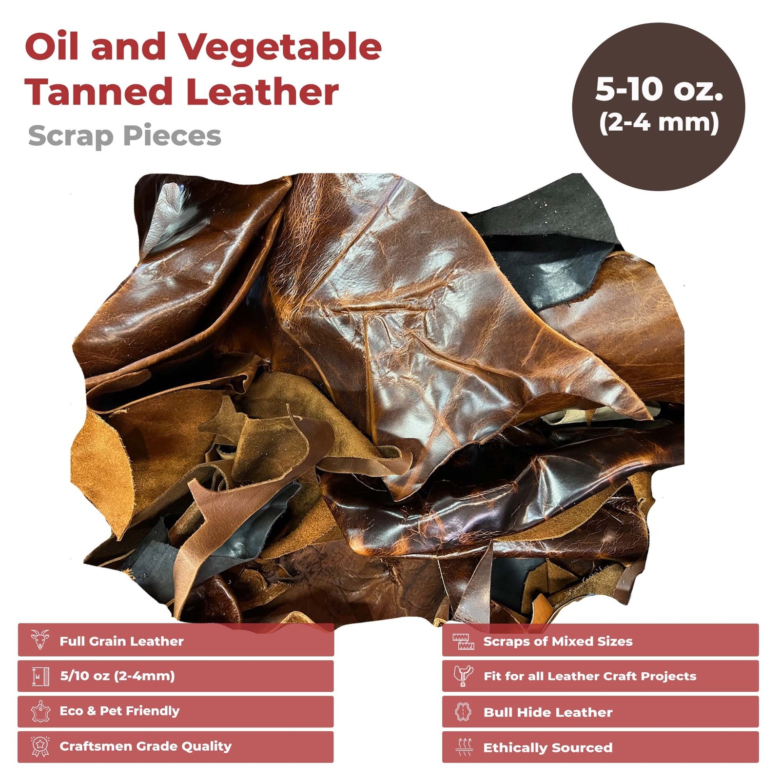 ELW Vegetable & OilTanned Leather Scraps 2-15 oz (1.4-6mm) 1-30 lb Sizes