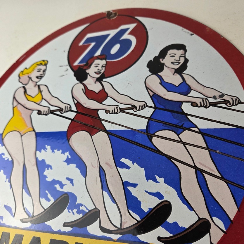 Vintage Union 76 Gasoline Sign - Porcelain Ski Show Gas Service Pump Sign