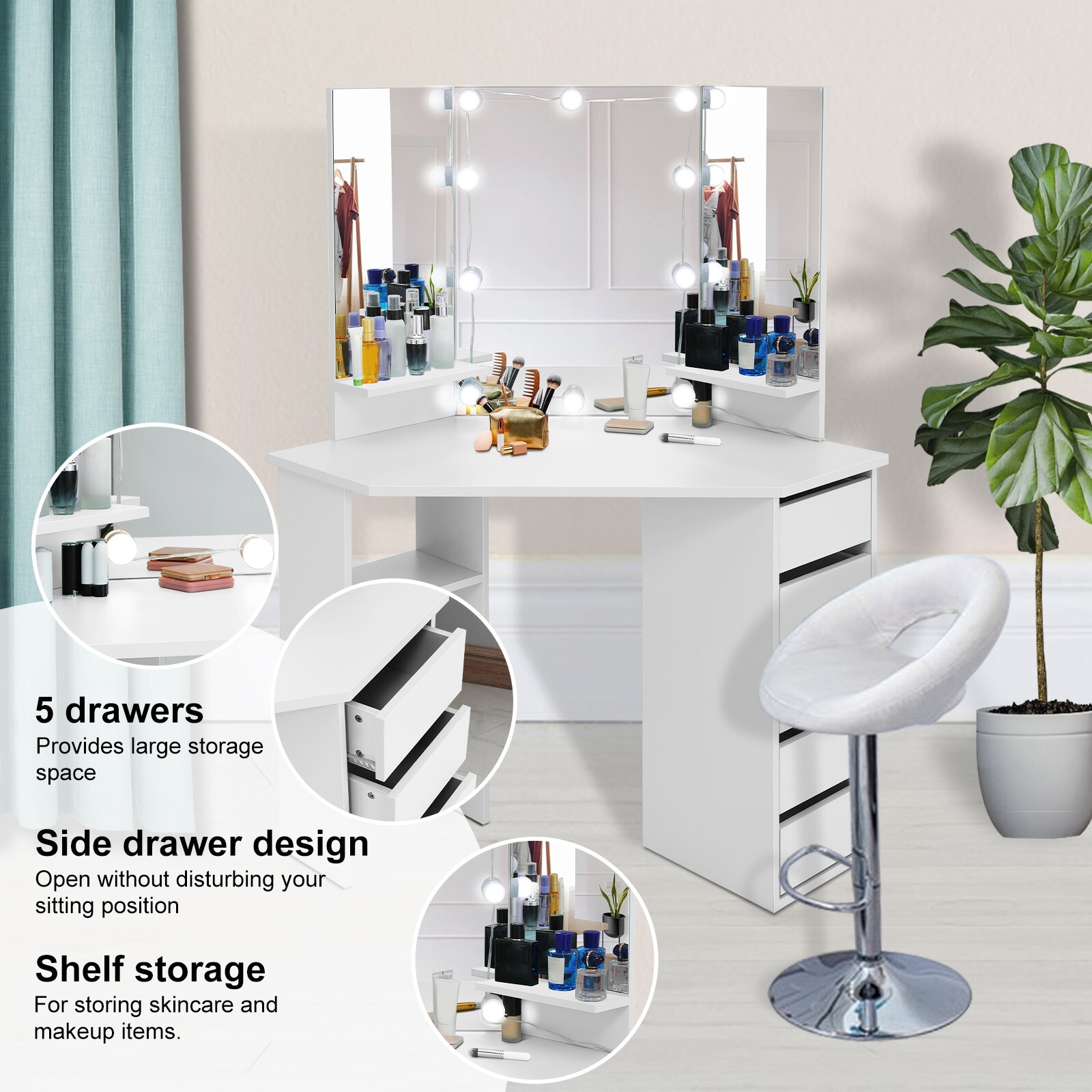 Modern Design Corner Vanity,Lighted Makeup Desk,Bedroom Makeup Table with Lights