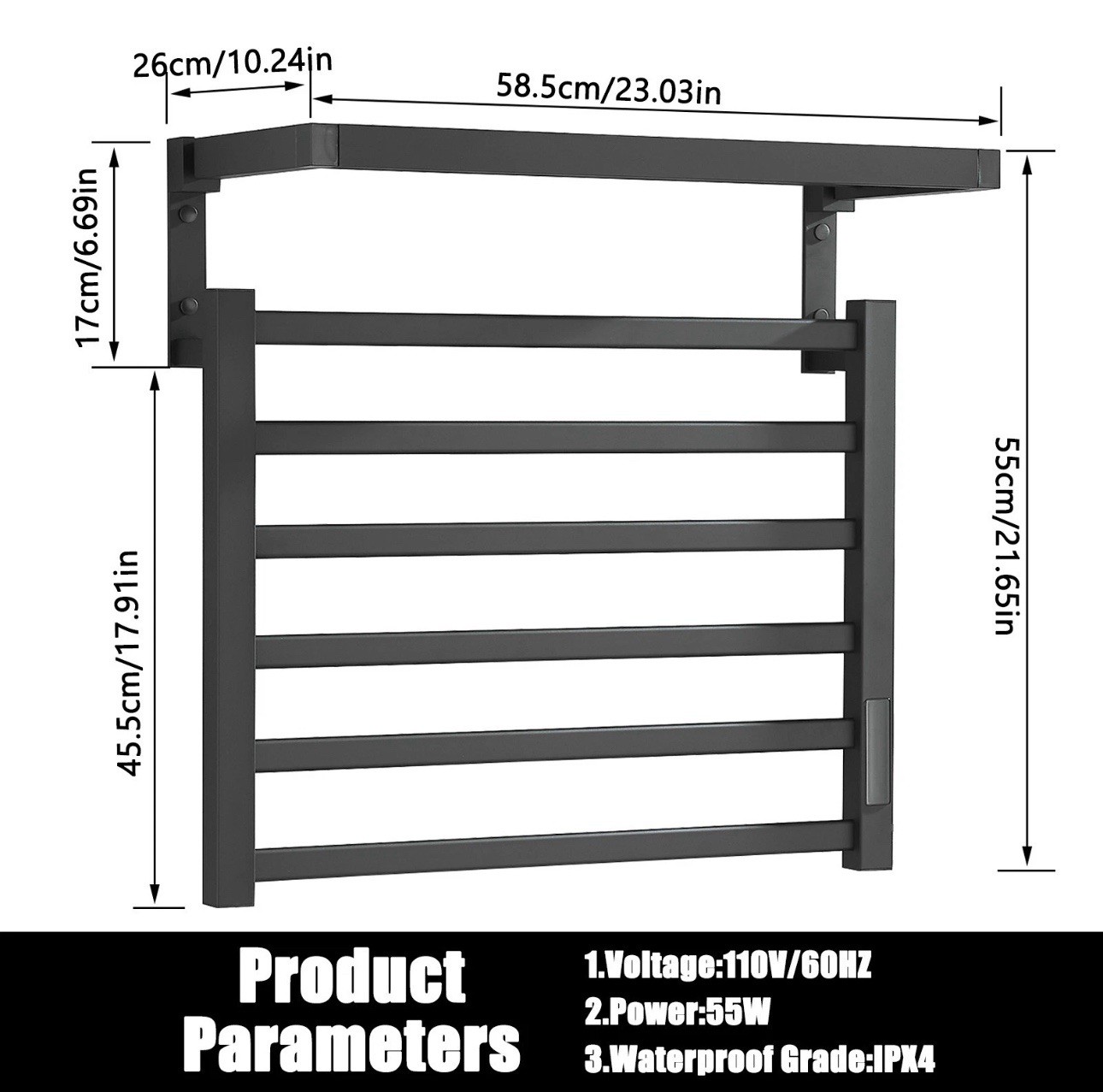 Black Heated Towel Rack Wall Mount Towel Warmer Bathroom Electric Towel Rack set