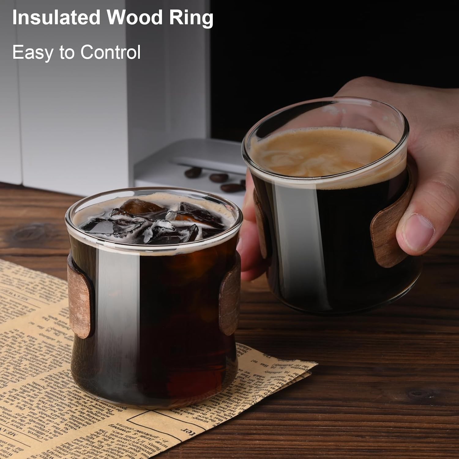 Espresso Cups Set of 2 with Wooden Ring, 8 OZ High Borosilicate Espress