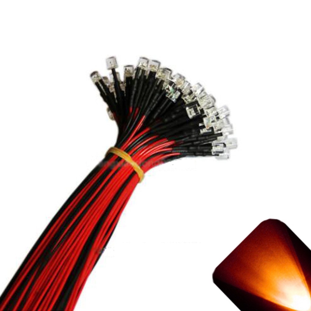 50 x 12v 3mm Flat Top Pre Wired Orange Amber LED Wide Angle 14v 15v Prewired RV