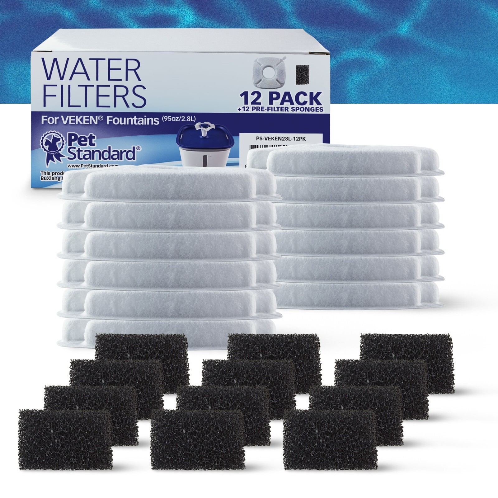 PET STANDARD Water Filters Compatible with VEKEN® 95oz/2.8L Fountain, Pack of 12