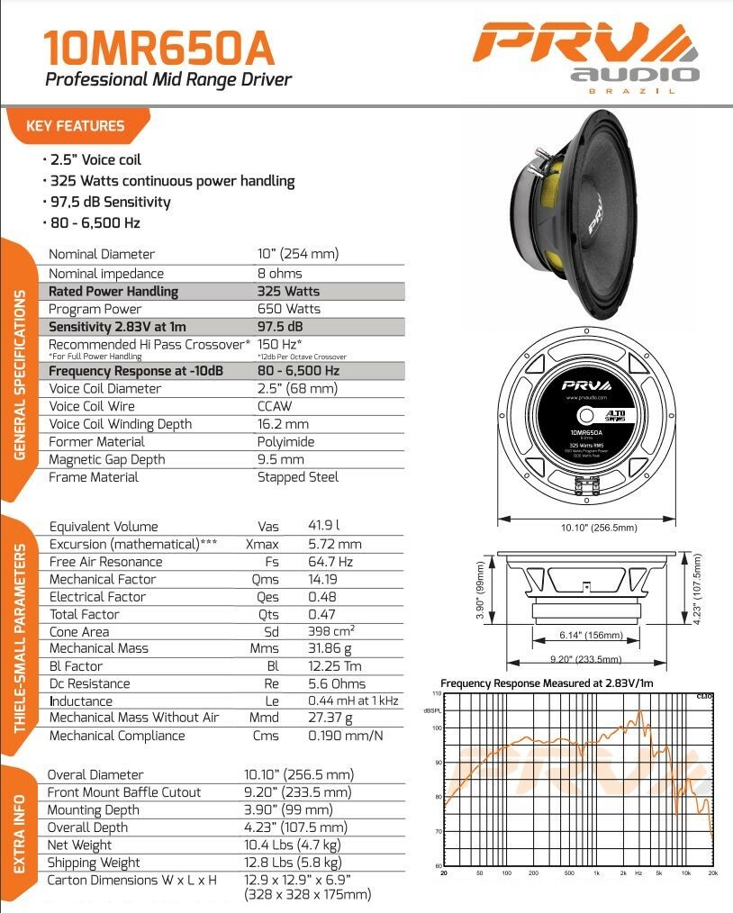 2x PRV Audio 10MR650A Midrange 10" Speaker 8 Ohms 10in PRO Car Audio 650 Watts