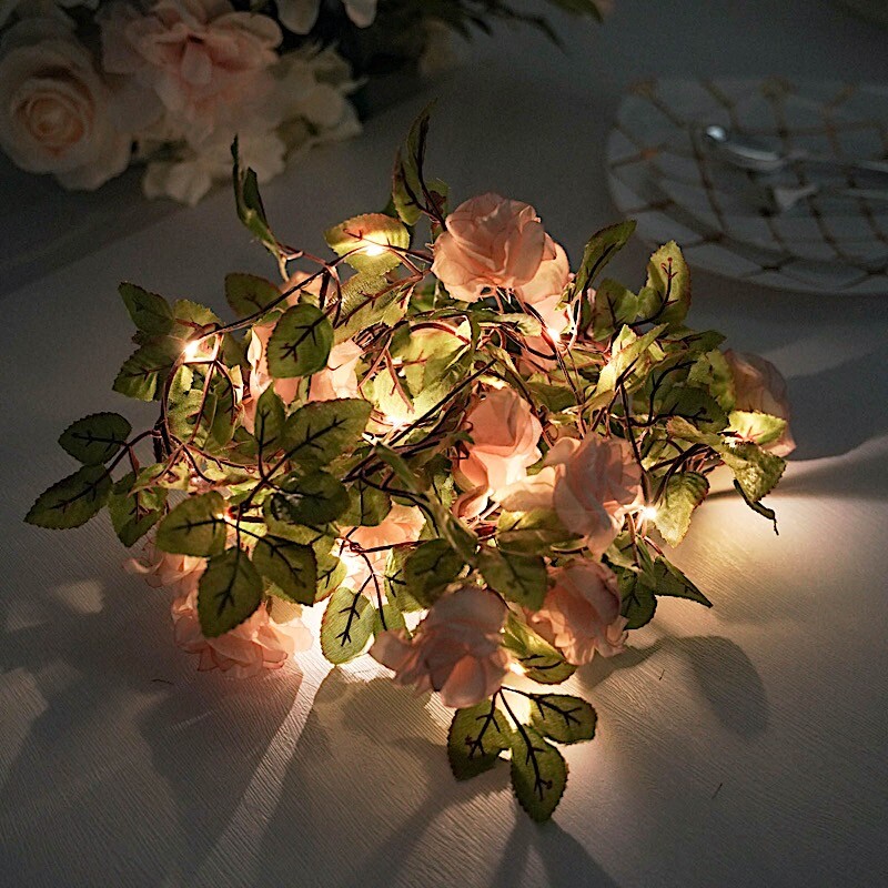 Blush 7 ft LED Roses Leaves Garland Battery Operated Fairy Lights Party Supplies