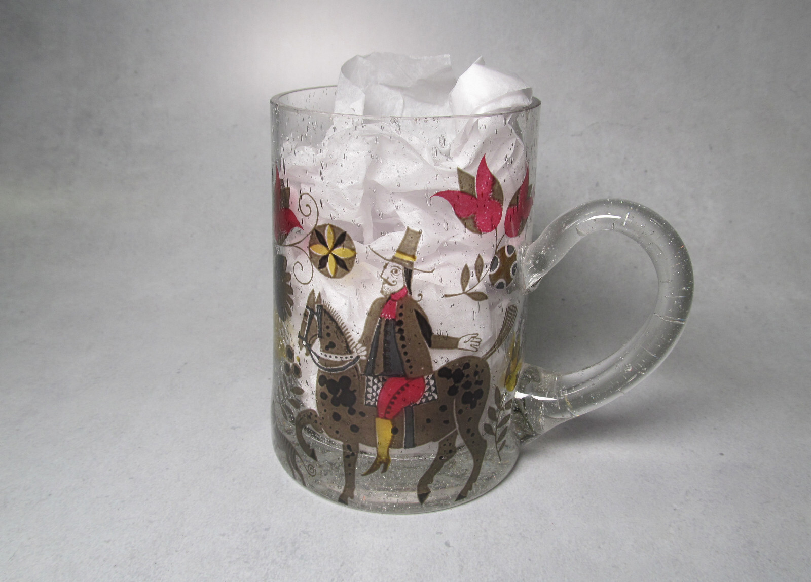 Hand Blown Glass Tankard with Men on Horseback Design Used