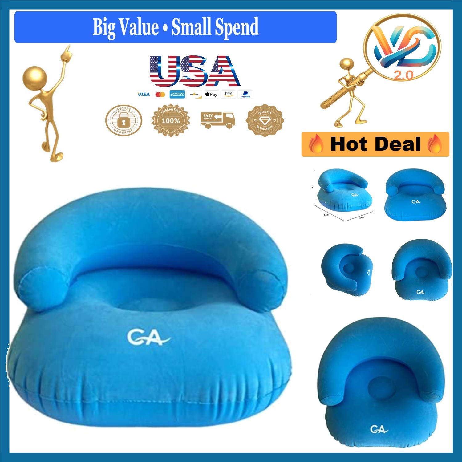 Inflatable Flocking Lounger Sofa Blue Portable Camping Relax Chair 23.5"x23.5...