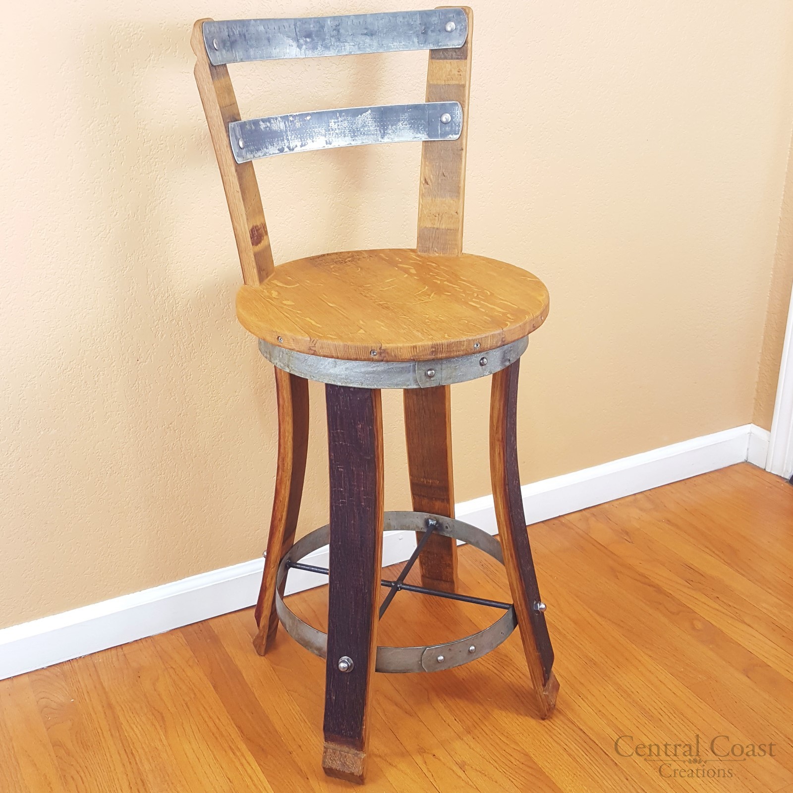Wine Barrel Stool SWIVEL Top W/ Backrest 24" 26" 30" Sit Height Rustic Furniture