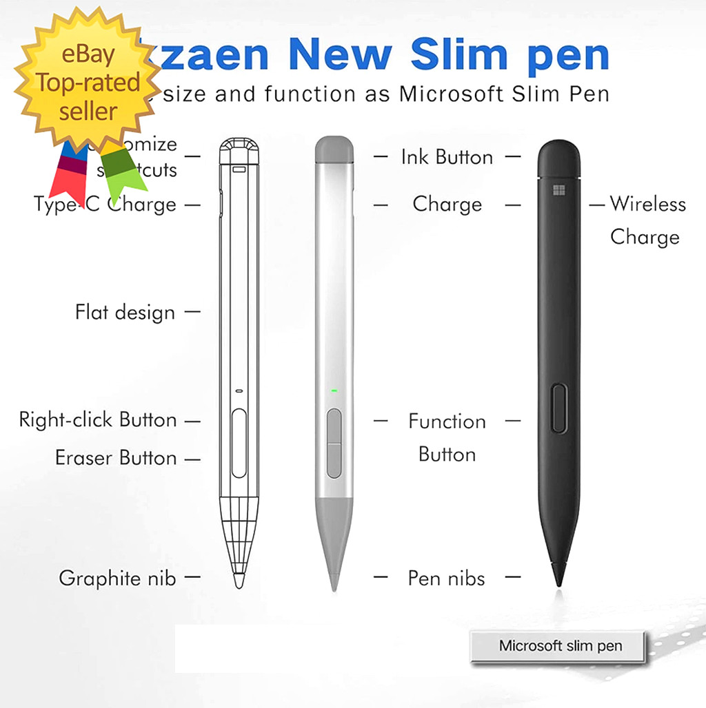 Slim Pen 2 for Microsoft Surface with 4096 Pressure, Eraser & Right-click