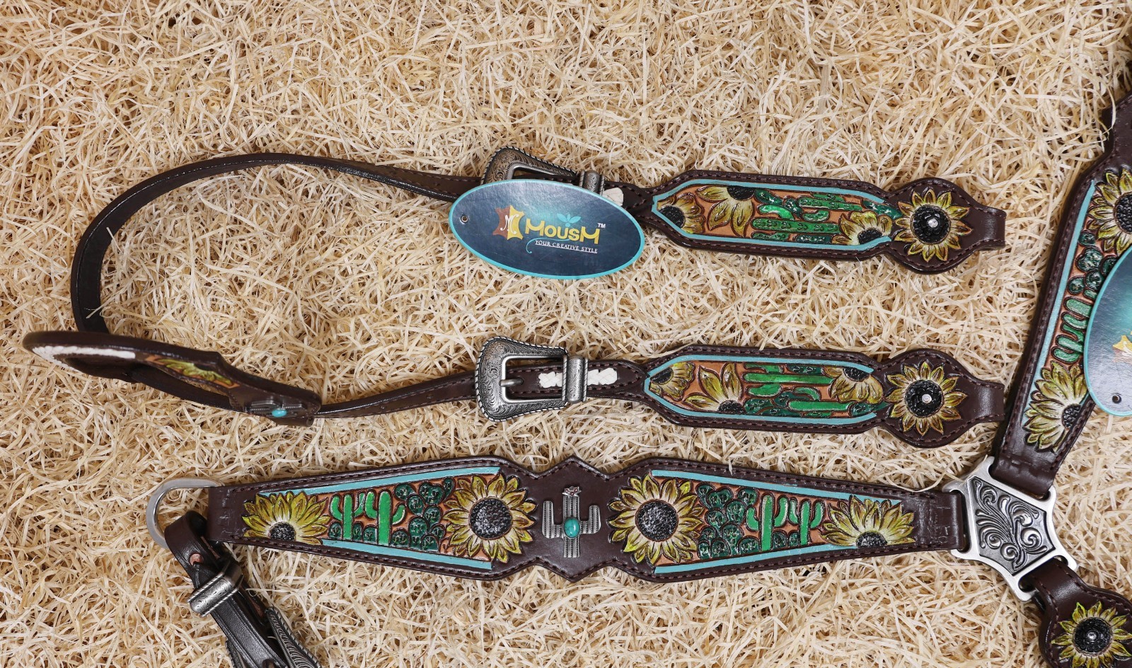 Western Leather Headstall and Breast Collar Tack Set