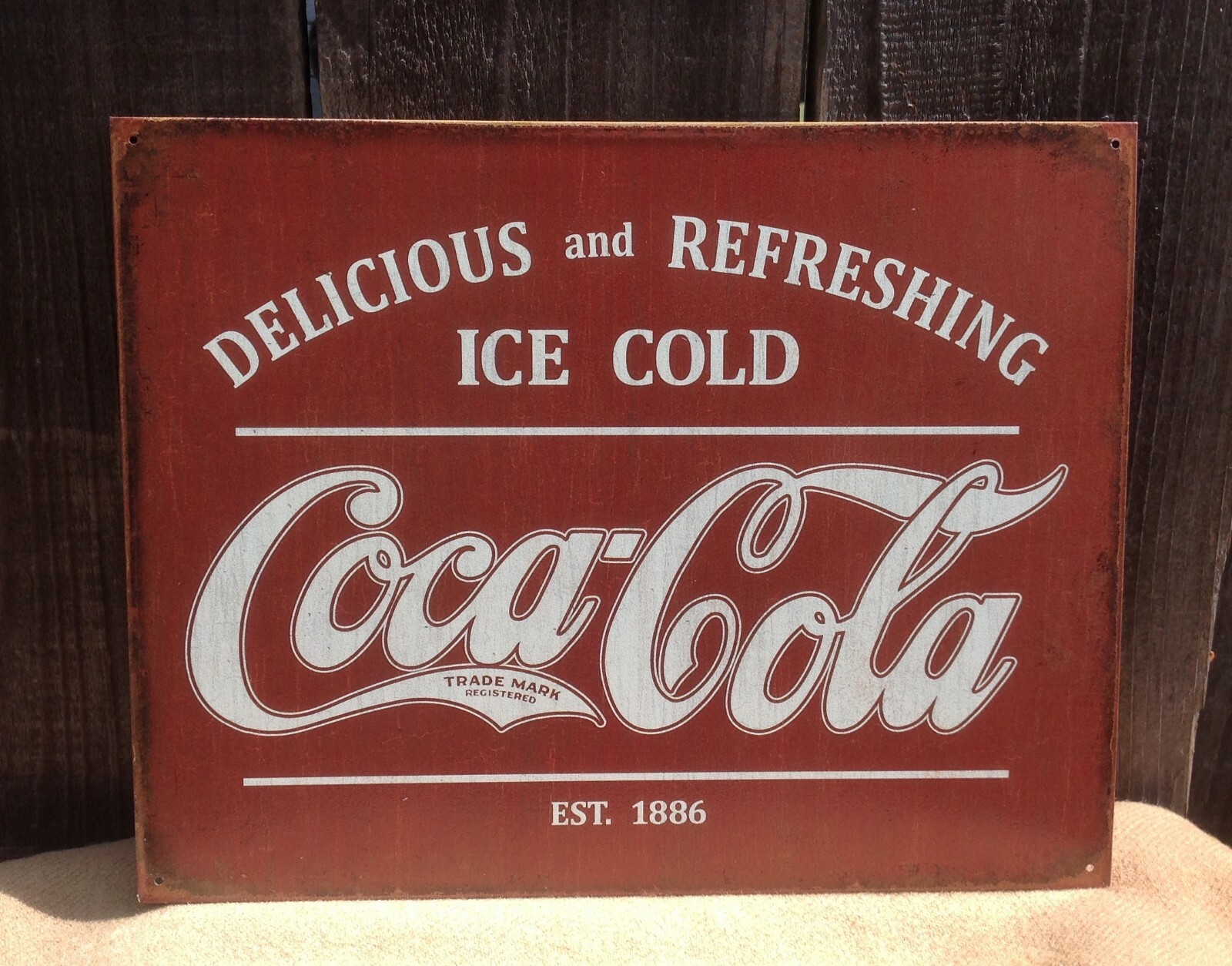 Vintage Coca Cola Sign Tin Metal Soda Pop Advertising Rustic Ice Cold Est 1886