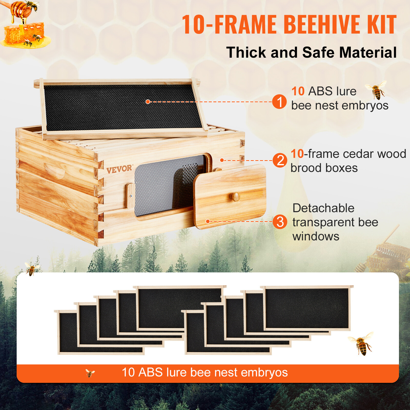 VEVOR Bee Hive Langstroth Deep Beehive Kit 10 Frames Acrylic Bee Windows