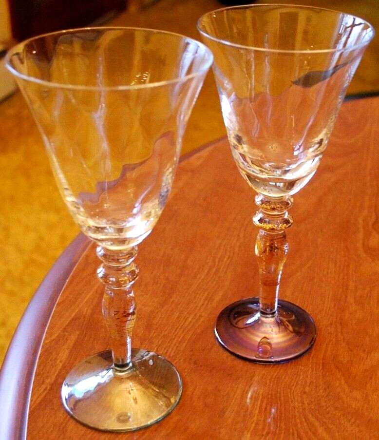 ROGASKA Optic Crystal VENETIAN GOLD LUSTER Set 2 WATER GOBLETS Foil In Stem 8.5"