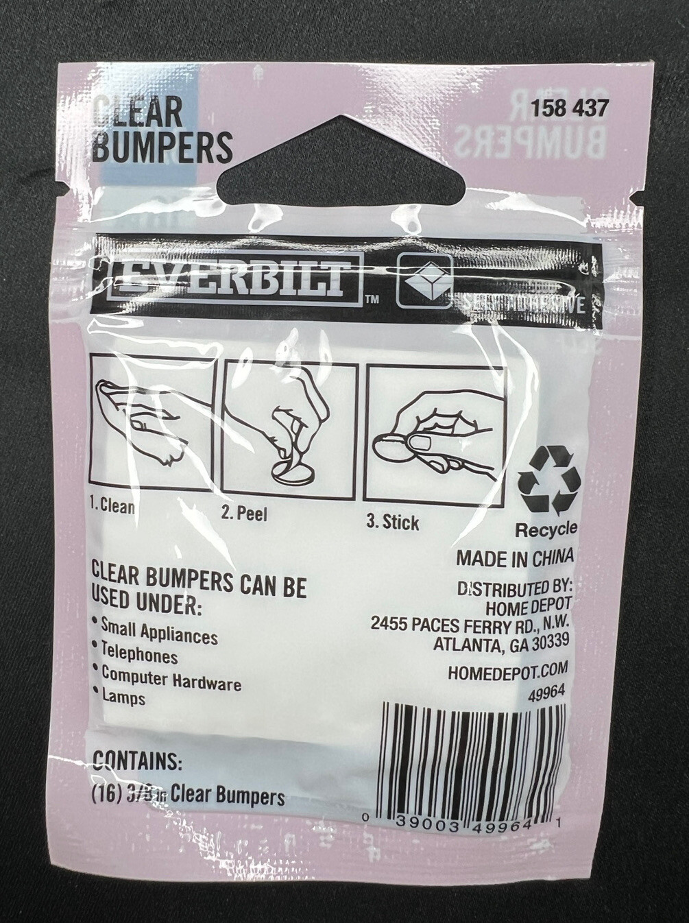 Everbilt 3/8” Clear Self-Adhesive Bumpers for Appliances Lamps Hardware, 16 Pack