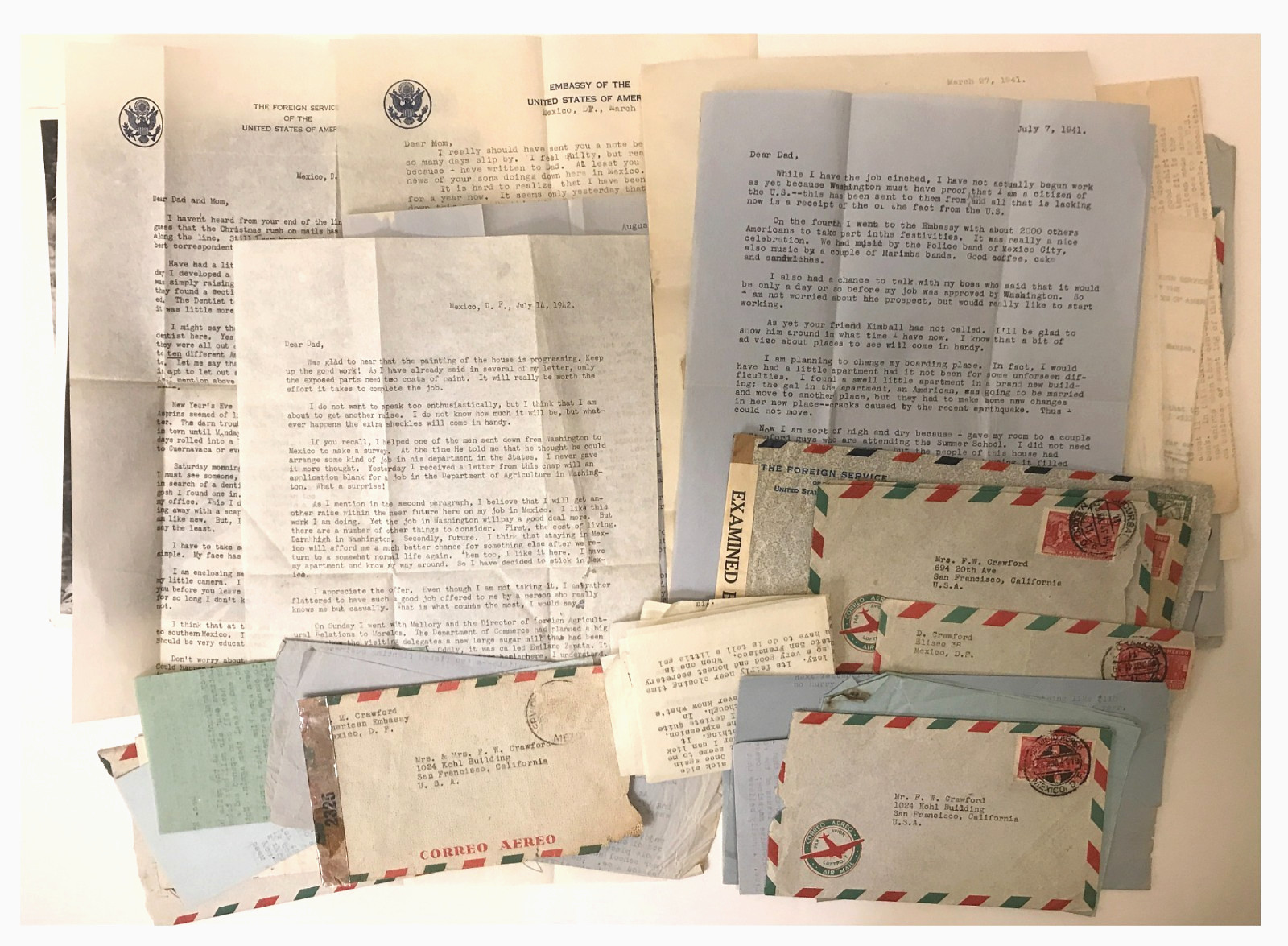 1941-42 Mexico Personal Letters Lot to US w/ Postal Covers incl. Examined