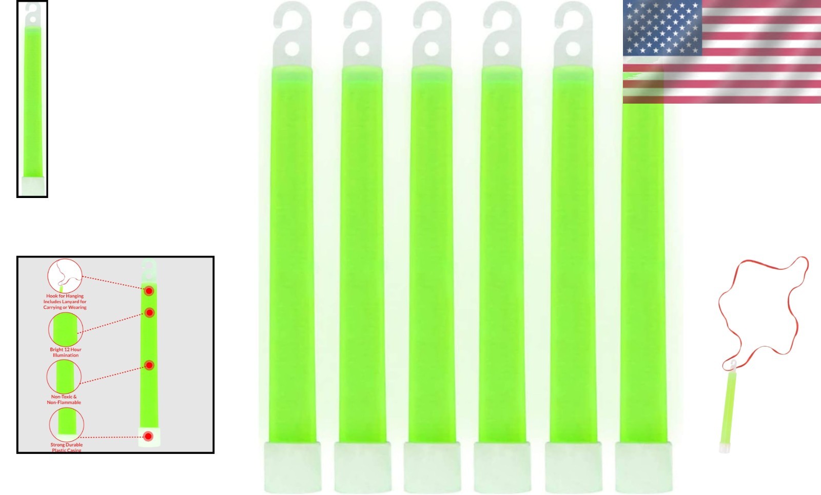 Green Glow Sticks - 6” Snap & Light Sticks, 12 Hour Brightness, 6 Pack