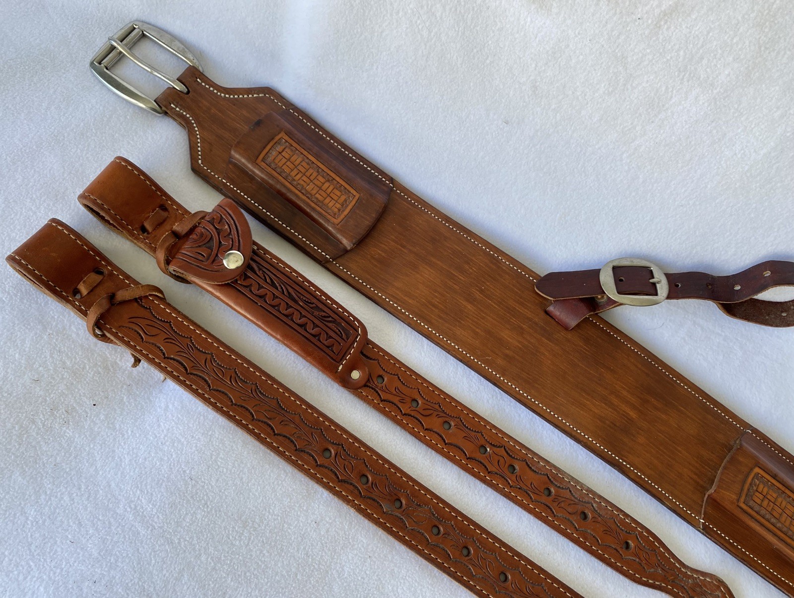 High QUALITY Double Stitch TOOLED Skirt Leather Back Flank Cinch &Billet SET~EUC