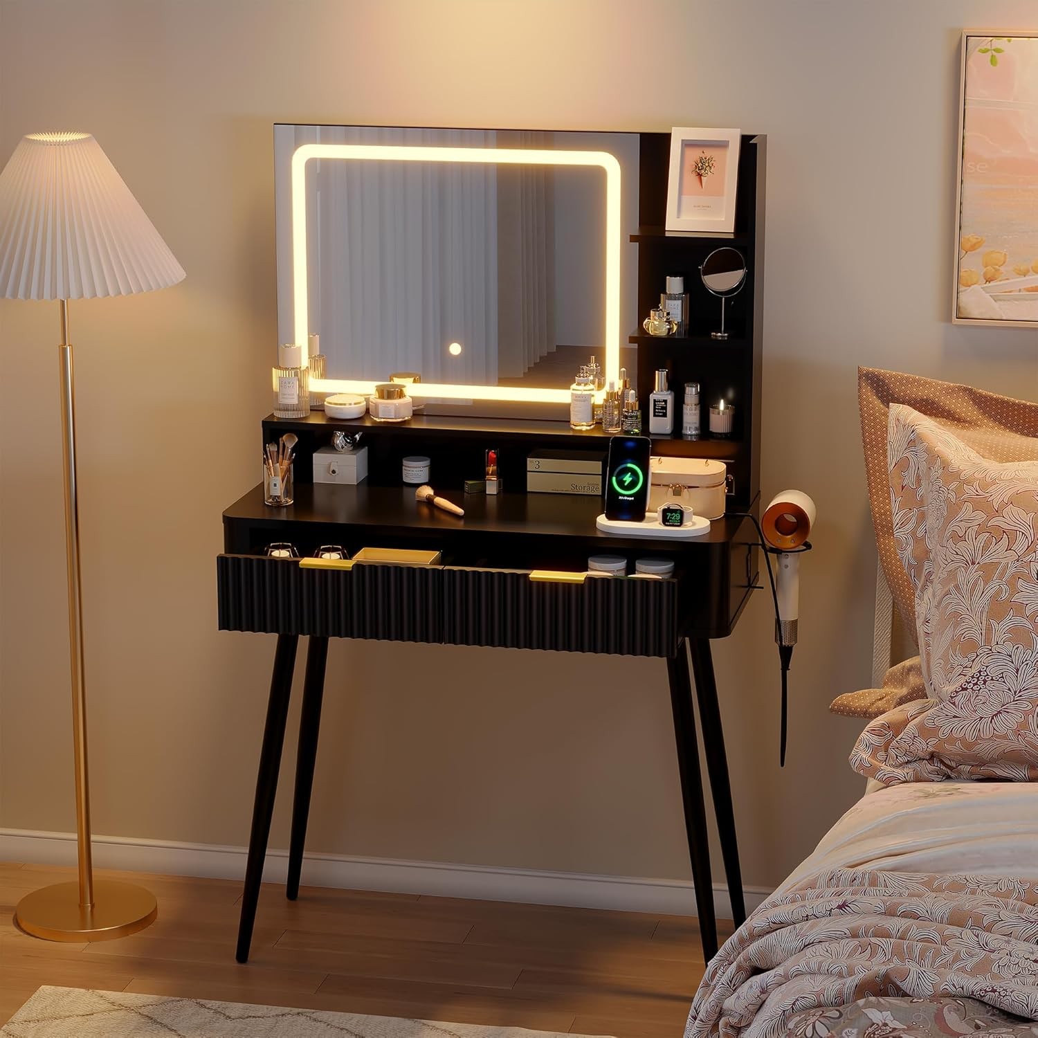 31 in Makeup Vanity Desk Table with Mirror and Lights, Power Outlet & Storage