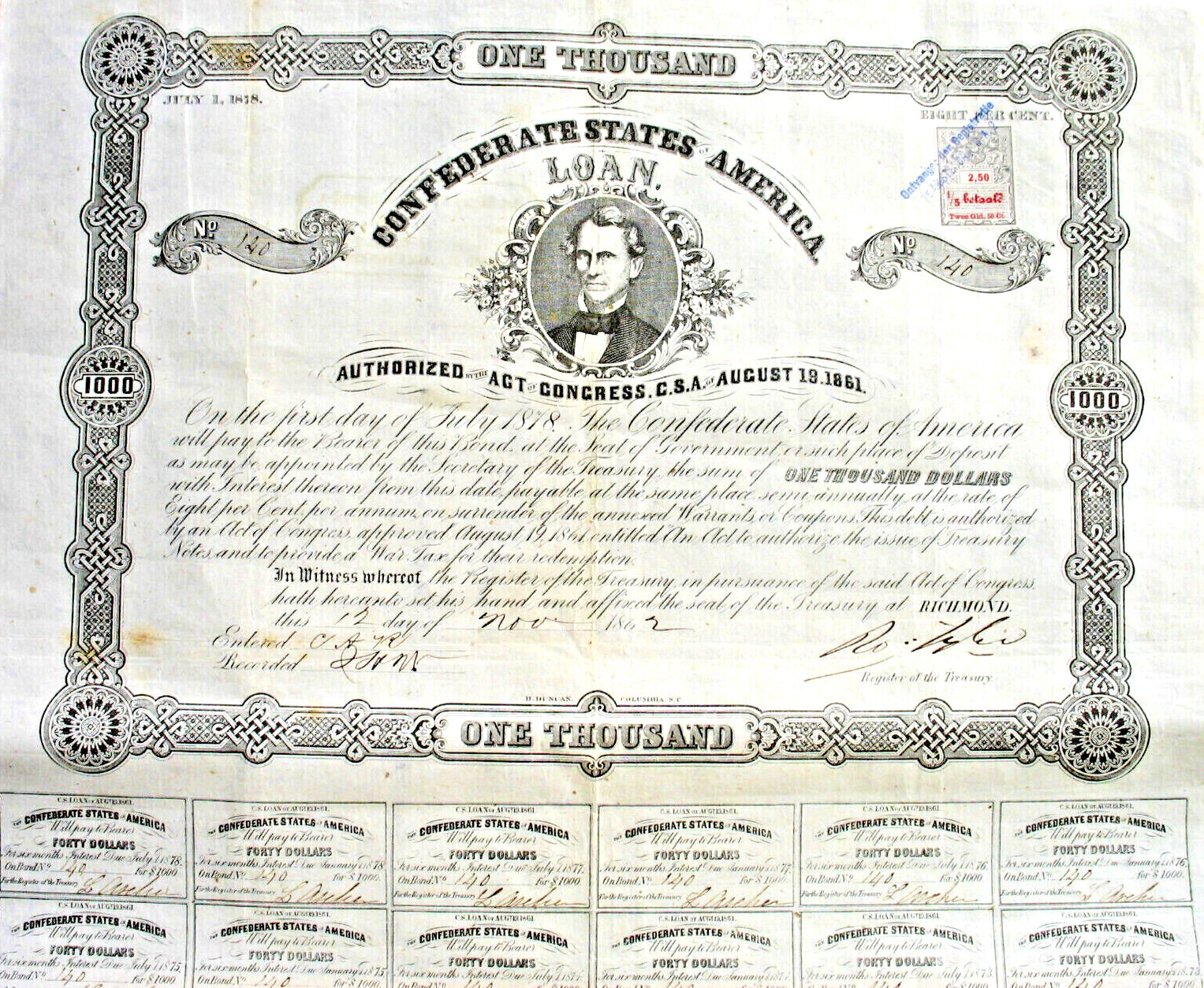Confederate States of America loan + Coup Richmond 1862 USA CSA Memminger Tyler