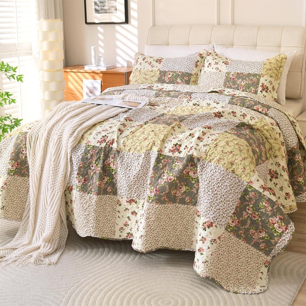 Romantic Patchwork Quilt Set King Size Reversible Bedspread Coverlet All Season