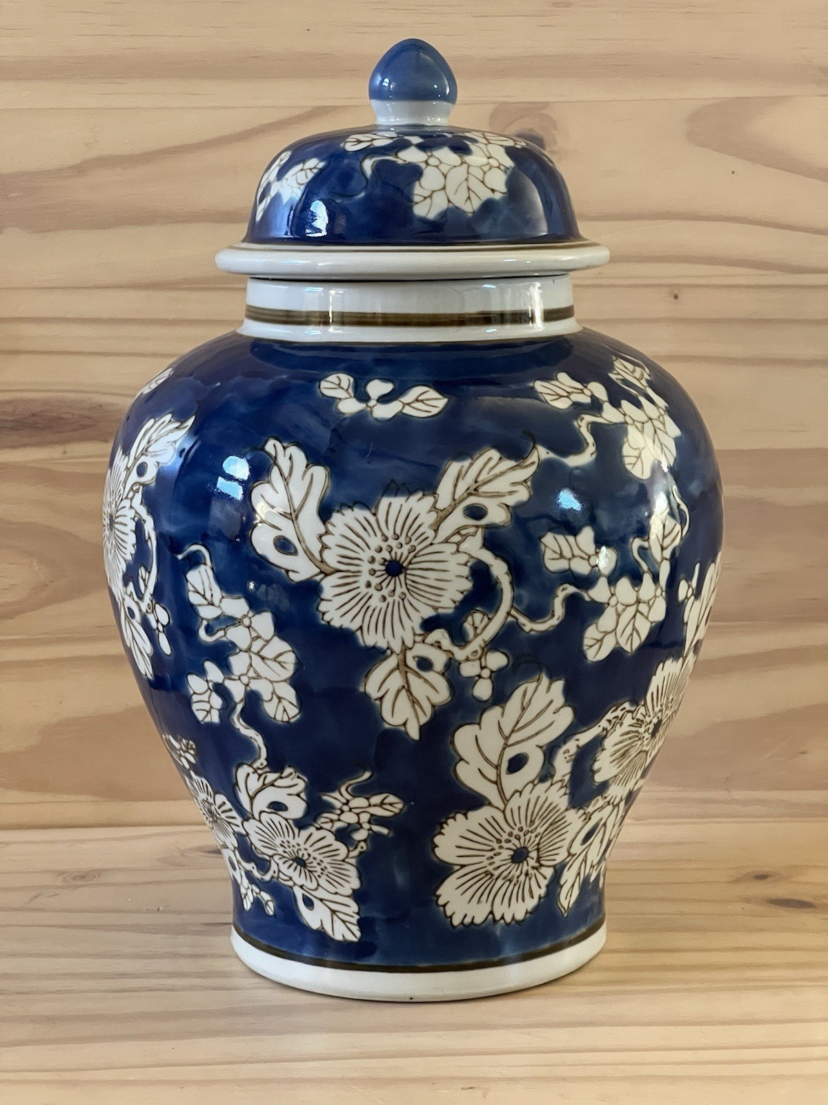 Galt International Blue and White Floral Chinoiserie Ginger Jar 12" w/Lid NEW