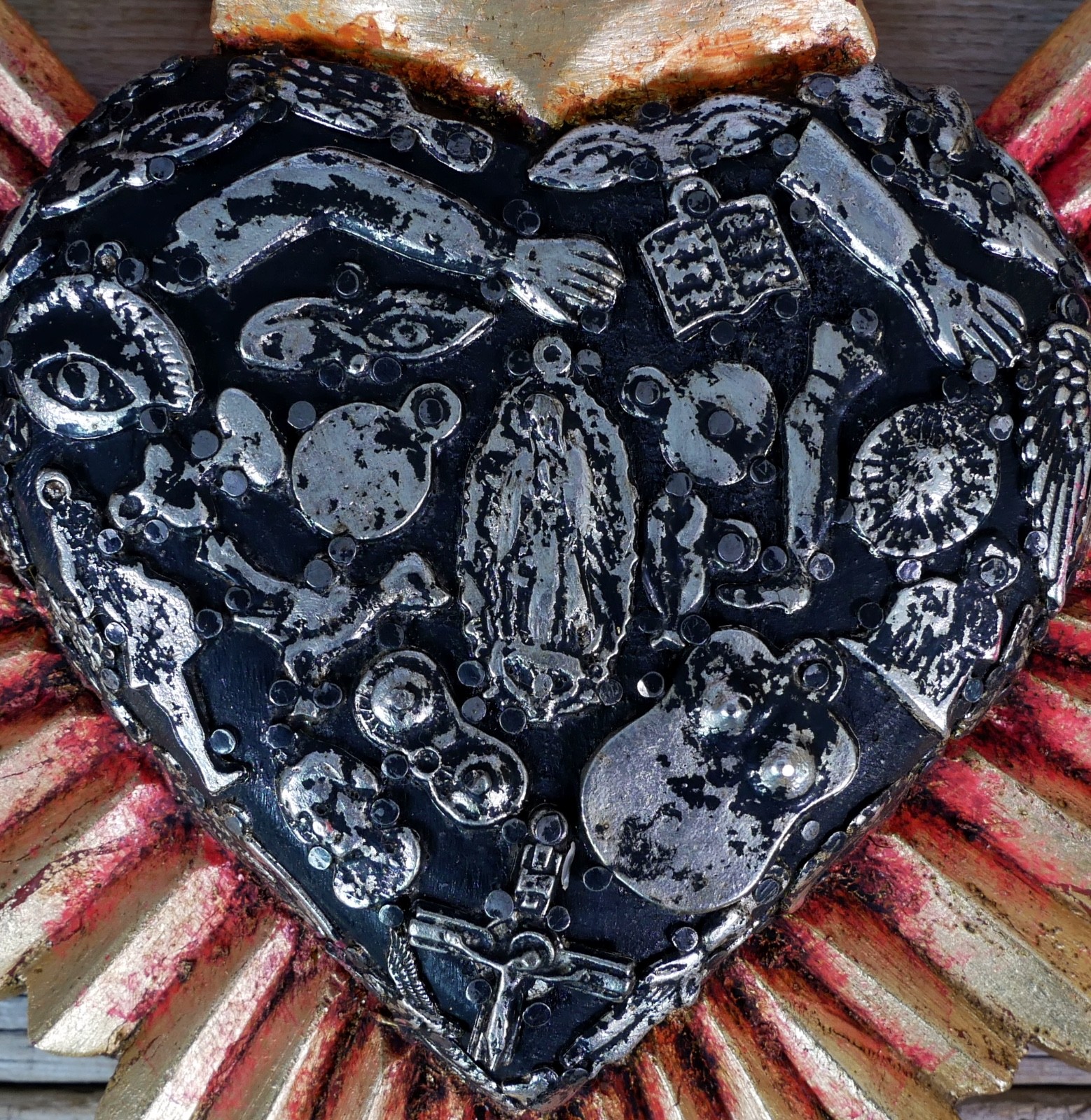 Heart Gold Starburst Milagros Guadalupe Wood Handmade Michoacan Mexican Folk Art