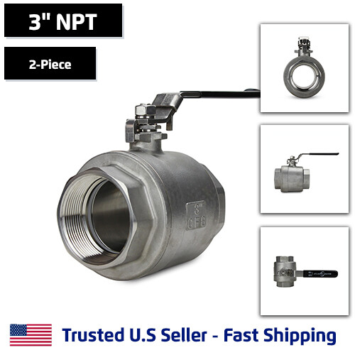 3" 2-Piece Full Port Ball Valve, Stainless Steel, NPT Threaded SS, 1000 WOG
