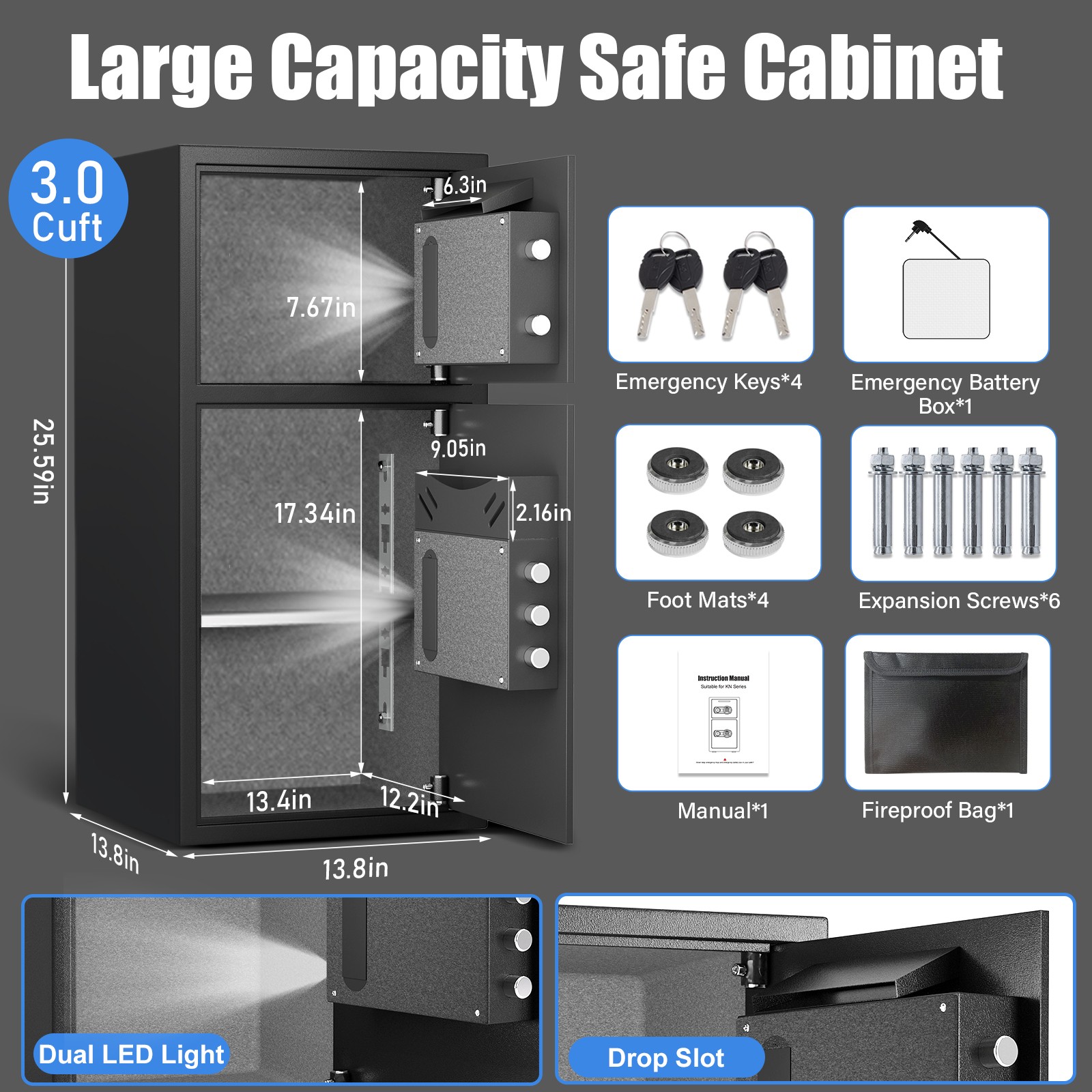 Safe, 6.0 Cub Large Home Safe Box Fireproof Waterproof Bag with Adjustable Shelf