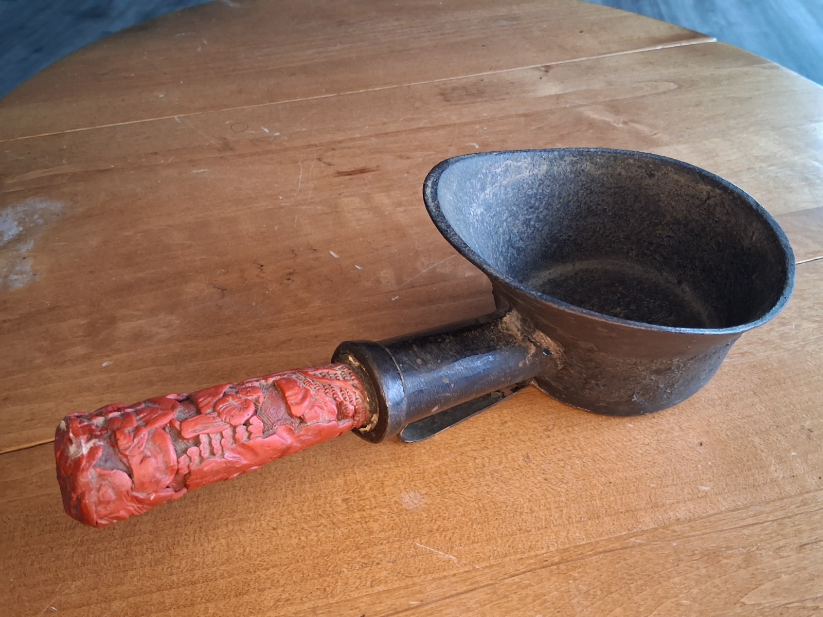 Antique 12" Big Chinese Bronze Silk Iron w/ Carved Cinnabar Handle, Hole Shown