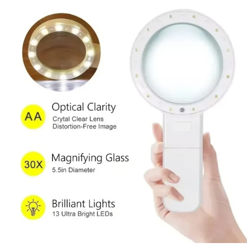 Jumbo Handheld Magnifying Glass w/ 12 Bright LED Light Illuminated 30X Magnifier