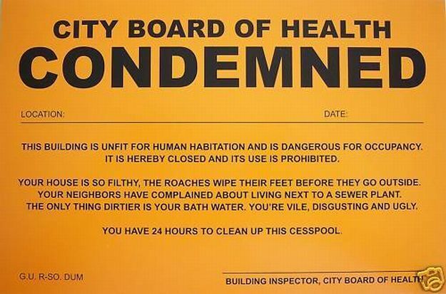 Humiliating Prank Sign - 'Board of Health - Condemned' Funny Gag Joke