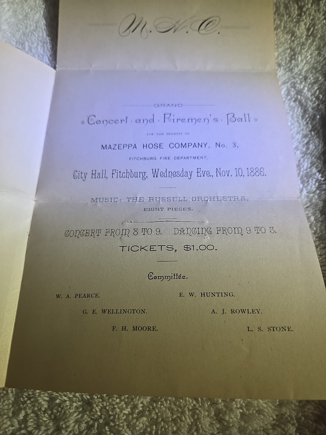 Antique Grand Fireman's Ball Invitation MAZEPPA HOSE COMPANY 3 FITCHBURG,MASS.