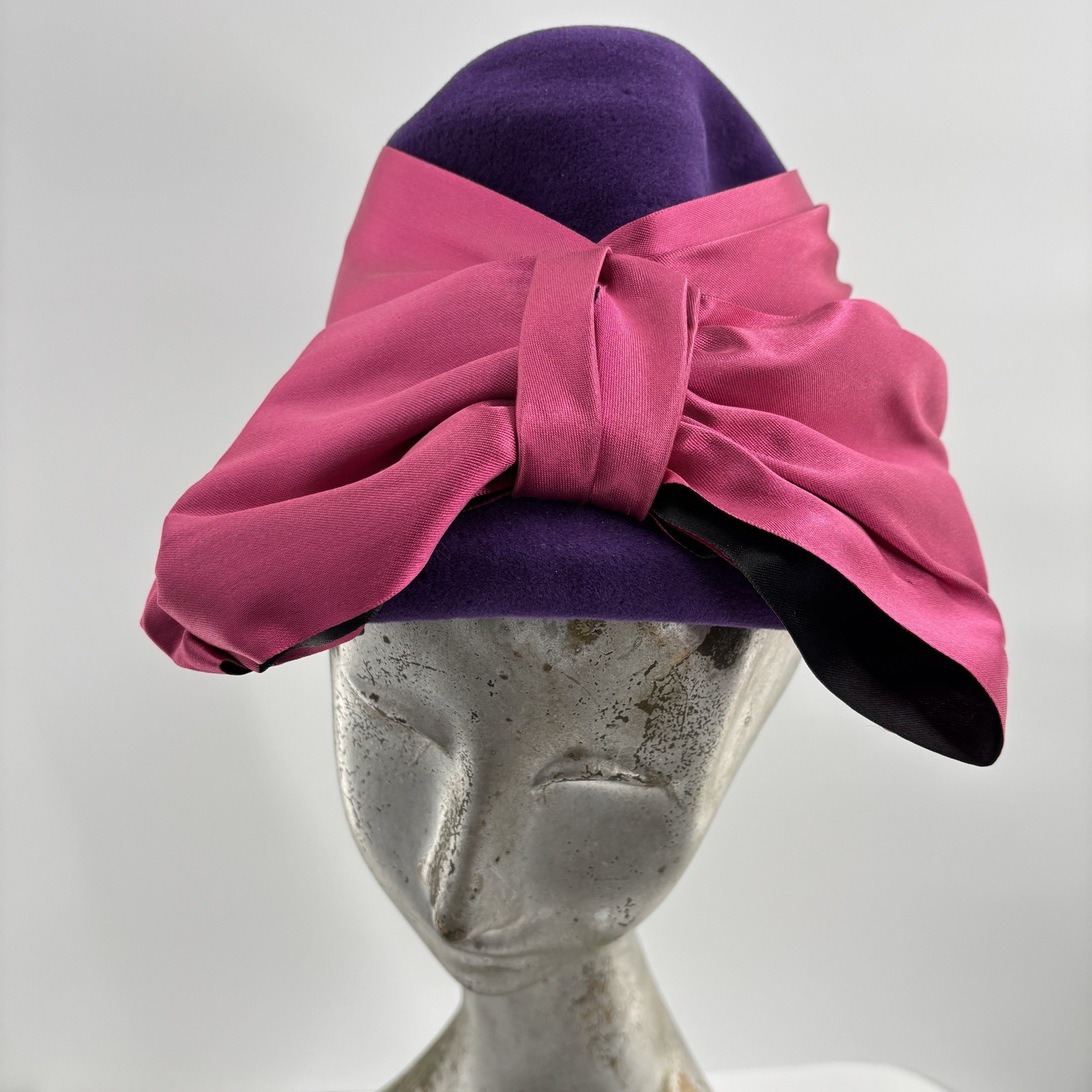 Vtg 60s Contessa William A Miller Cloche Hat Purple Felt Pink Bow  Cocktail