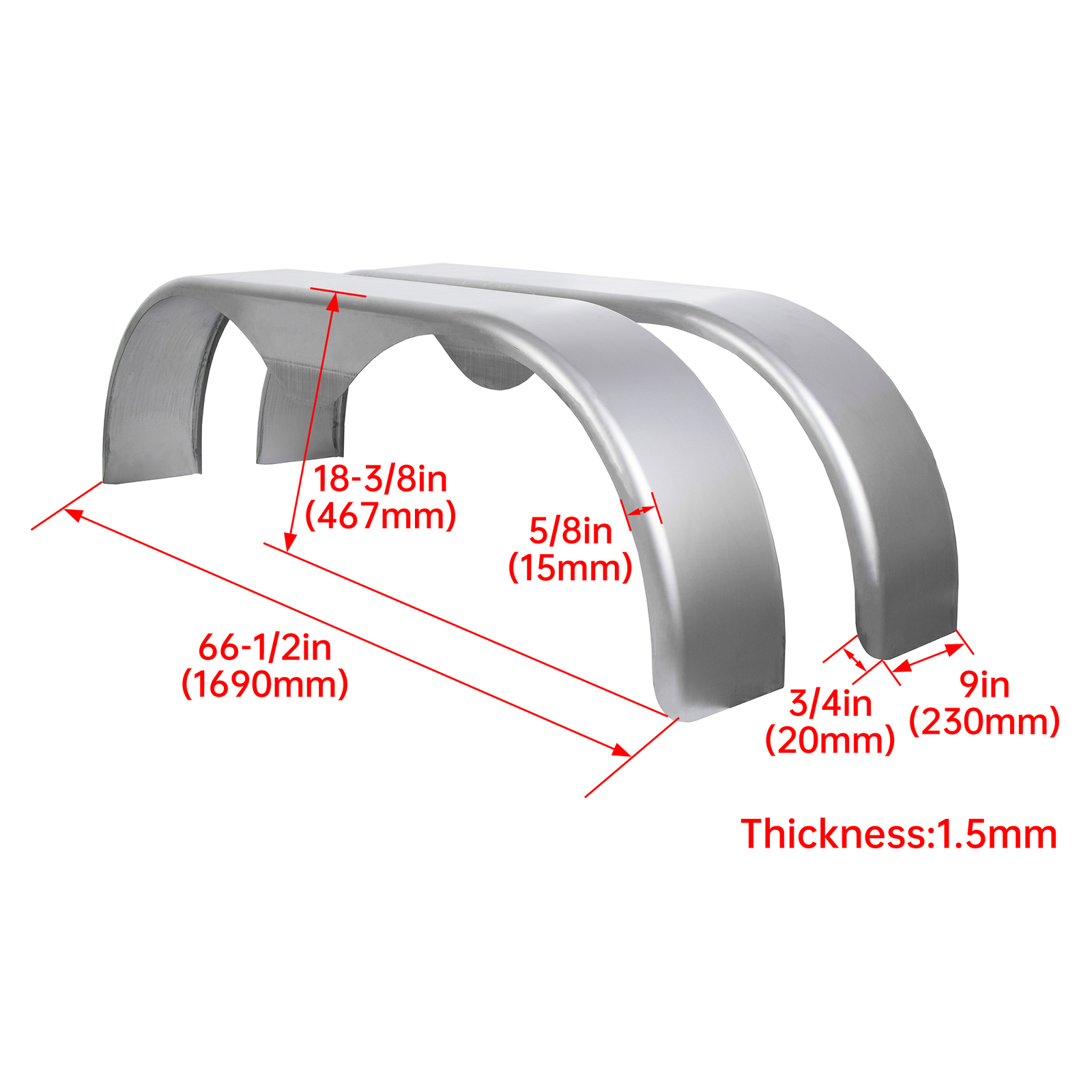2PCS Tandem Round Trailer Axle Fender Cargo Tread Plate Teardrop 66"L 18"H 9"W