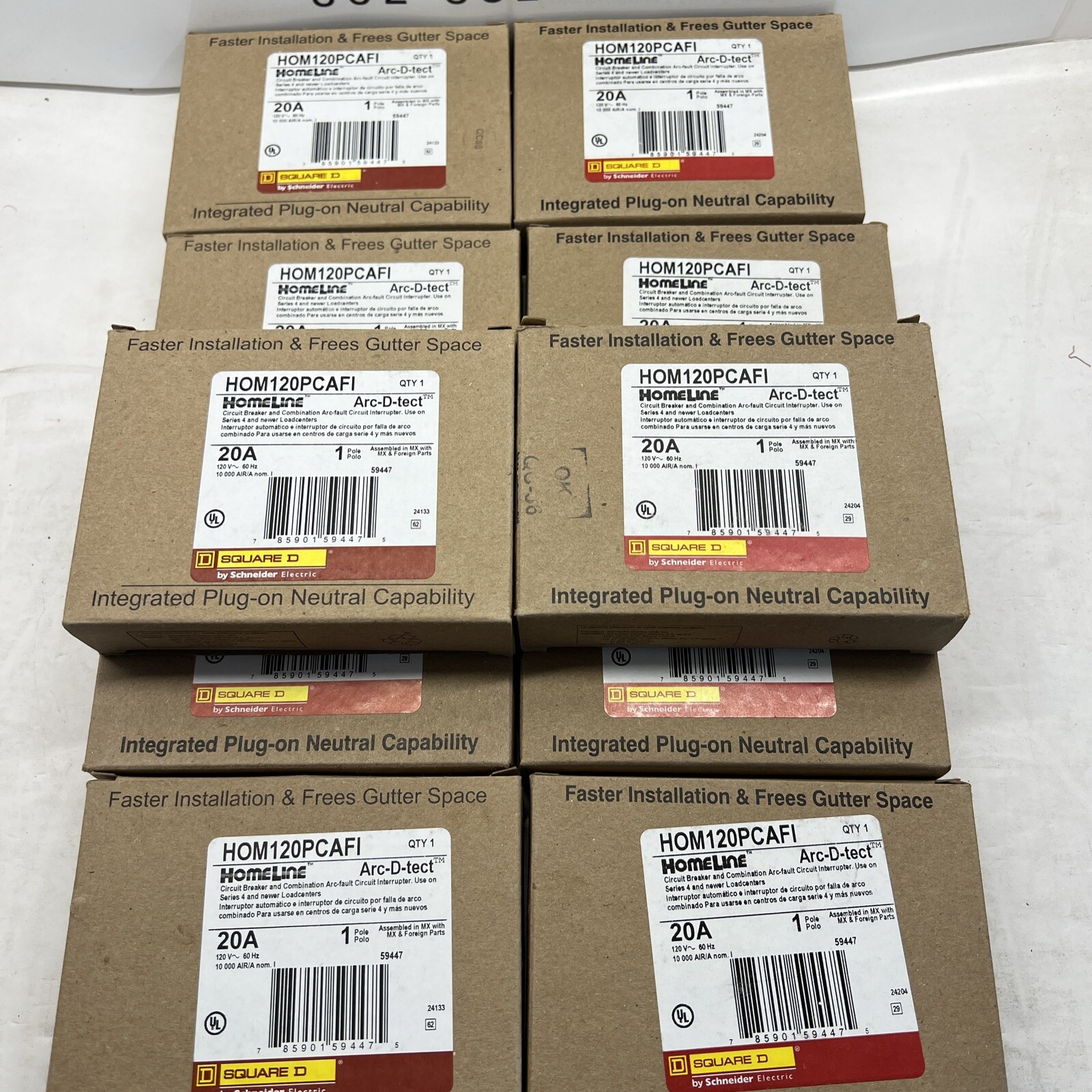 10 PCS SQUARE D HOMELINE HOM120PCAFI 20A ARC FAULT AFCI PLUG ON NEUTRAL BREAKER