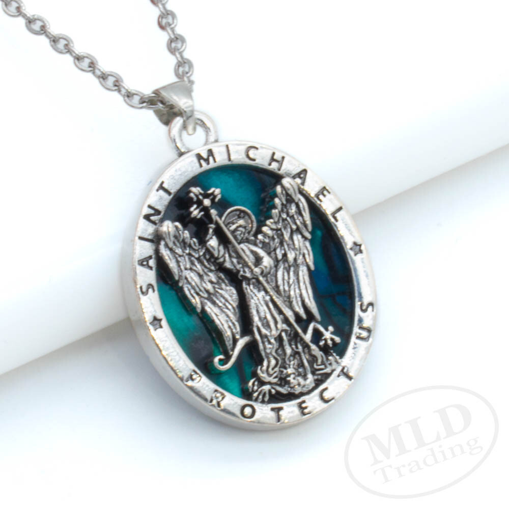 Saint St Michael Pendant Necklace, Religious Protector Medal, Alloy, 18" Chain